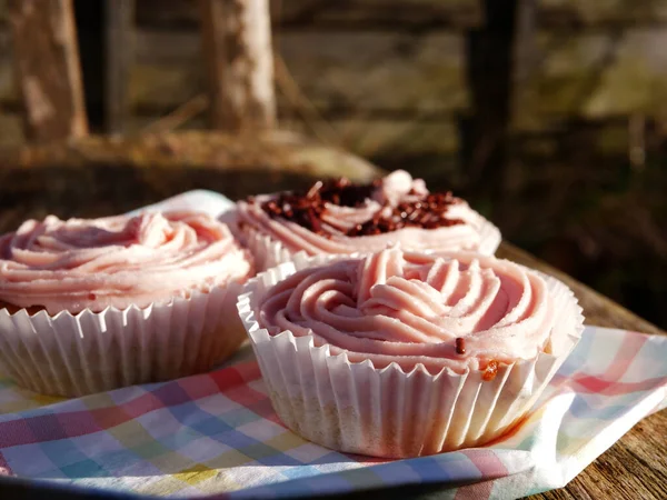 Home baked cupcake decorated with pink frosting in the garden
