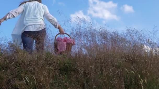 Vrouw met picknick mand geniet zomer blauwe luchten — Stockvideo