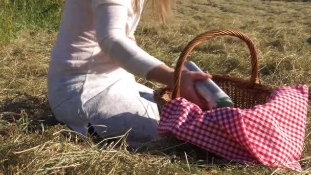 Vrouw met picknickmand en rode gingham deken — Stockvideo