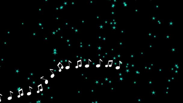 Notas musicales y estrellas brillan sobre fondo negro — Vídeos de Stock