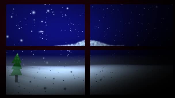 Christmas scene with winter snowfall with pine tree window view animation — ストック動画