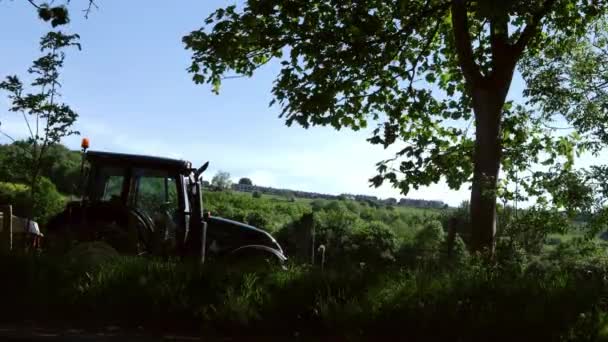 Traktor parkt unter einem Baum im Grünen — Stockvideo