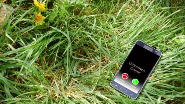 Pozostawiony Trawie Telefon Komórkowy Powiadomieniem Przychodzących Połączeniach Średni Strzał Selektywny — Wideo stockowe
