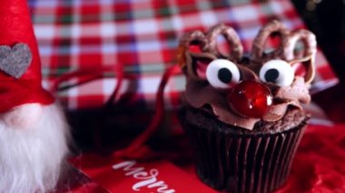 Cüce dekorasyonuyla süslenmiş Noel keki. Dolly 'nin seçici odak noktasını kapat.