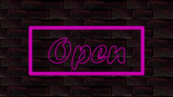 Open Sign Pink Neon Light Flickering Brick Wall Animation — Stock Video
