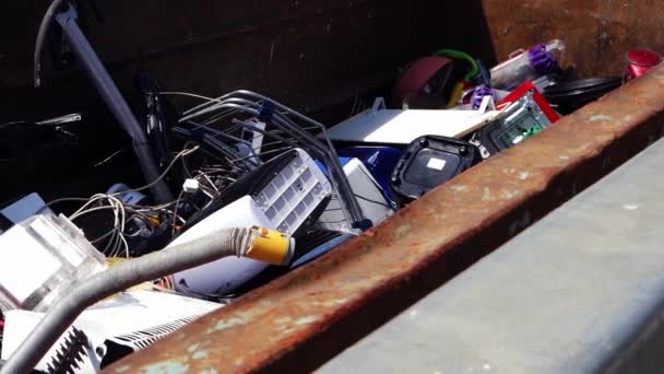 Household Garbage Landfill Crate Medium Panning Shot Selective Focus — Stock Video