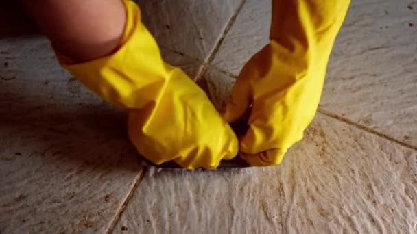 妇女用刷子刷洗肮脏的地板中慢镜头选择性聚焦 — 图库视频影像
