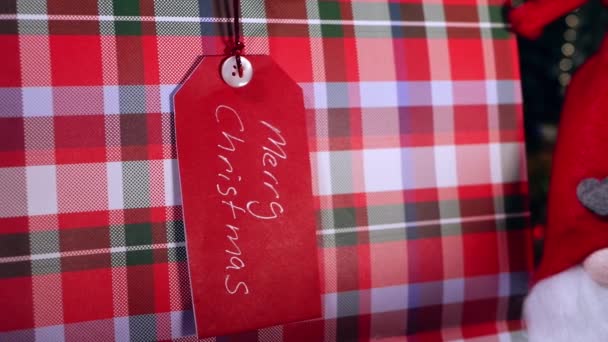 かわいいクリスマスのノームの装飾が付いているクリスマスの販売のギフトタグは ドリーショットの選択的フォーカスを閉じます — ストック動画