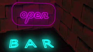 Tuğla duvar animasyonuna karşı açık tabela pembe neon ışığı 