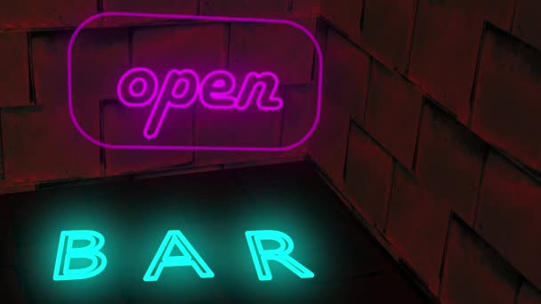Bar Otevřené Znamení Růžové Neonové Světlo Proti Cihlové Zdi Animace — Stock video