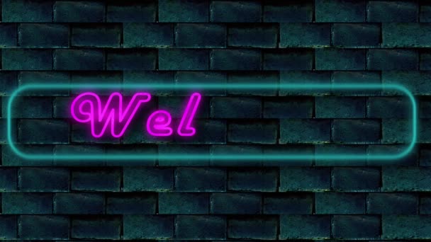 Vítejte Znamení Růžové Neonové Světlo Proti Cihlové Zdi Animace Pozadí — Stock video