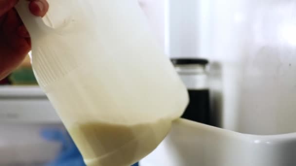 冷蔵庫の中に牛乳のボトルの手の届く範囲ズームアウトショット選択的な焦点 — ストック動画