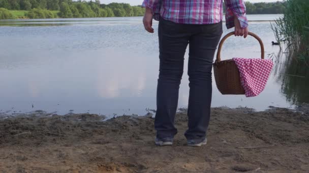 Mujer Con Cesta Picnic Mira Hacia Lago Tiro Medio Cámara — Vídeo de stock