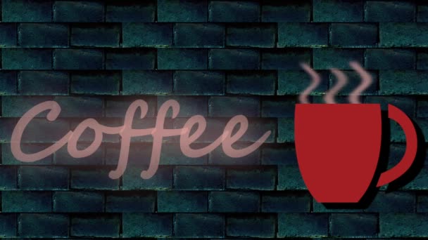 コーヒーショップネオンサインライトレンガの壁の背景アニメーション — ストック動画