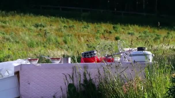 Household Garbage Illegally Dumped Countryside Field Wide Shot Selective Focus — Vídeo de stock