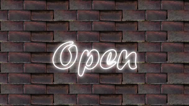 Open Sign Neon Light Flickering Brick Wall Animation — Wideo stockowe