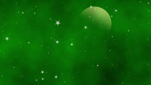 Yıldızlar Bulutlarla Uzayda Yüzen Gizemli Yeşil Gezegen Animasyon Fantezisi — Stok video