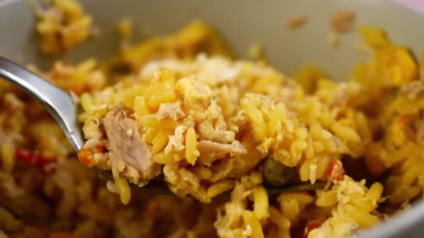 Comer Uma Tigela Arroz Frito Com Garfo Close Zoom Out — Vídeo de Stock