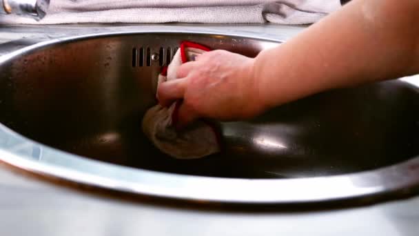 Woman Cleaning Stainless Steel Sink Cloth Medium Shot Slow Motion — Video