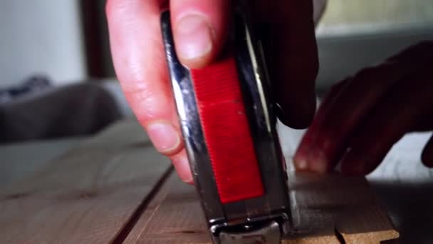 Carpenter Measuring Wood Tape Measure Close Zoom Shot Slow Motion — Stockvideo