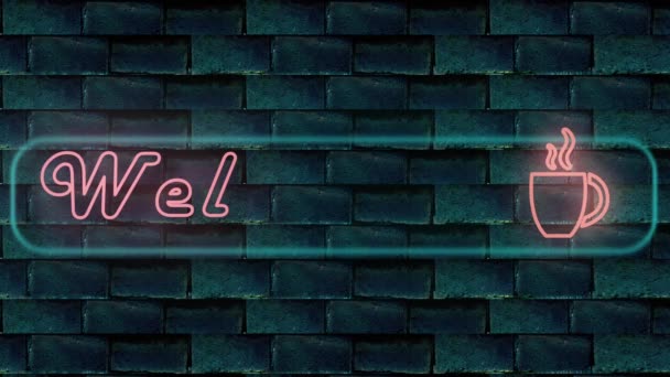 Welcome Sign Neon Light Coffee Cup Brick Wall Animation Background — Stock videók