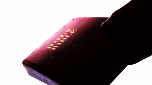 Holding Old Bible Heavenly Light Close Slow Motion Shot Selective — Wideo stockowe