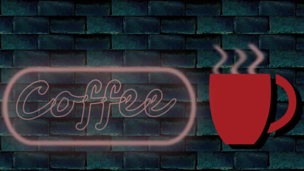Welcome Sign Neon Light Coffee Cup Brick Wall Animation Background — стоковое видео