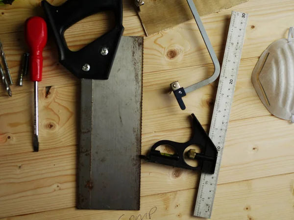 Carpenter Tools Woodwork Wooden Background Overhead Shot Medium Selective Focus — стоковое фото