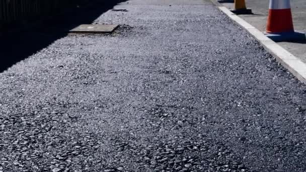 Fresh Asphalt Tarmac Path Traffic Cones Wide Shot Selective Focus — Wideo stockowe