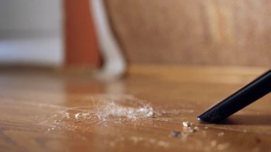 Vacuuming hair and dust from carpet medium 4k slow motion shot selective focus