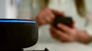 Home smart voice device close up shot 4k selective focus