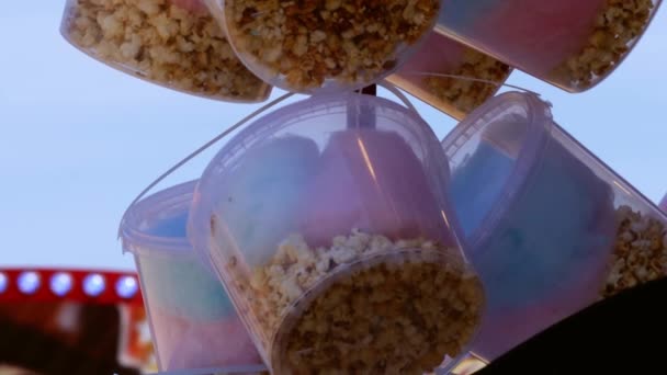 Food Stall Popcorn Fairground Background Close Medium Slow Motion Zoom — Stockvideo