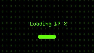 Data downloading bar failure glitch with binary green animation on black background