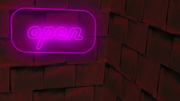 Open Sign Pink Neon Light Brick Wall Animation — Vídeo de stock