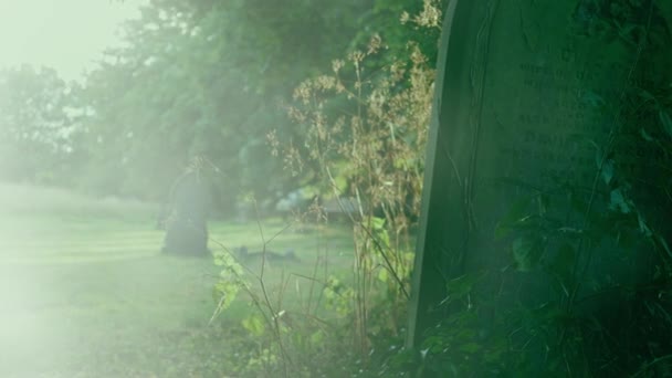 Old Neglected Headstone Church Graveyard Medium Reveal Dolly Shot Smoke — Vídeo de Stock