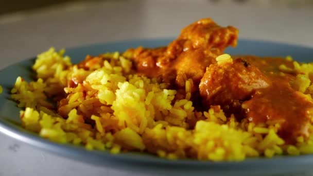 Chicken Korma Curry Pilau Rice Overhead Medium Zoom Shot Slow — Stock Video