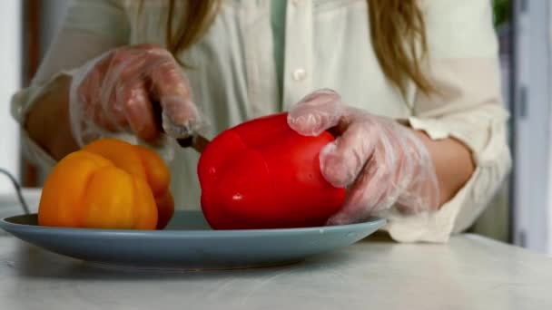 Chef Slicing Sweet Long Peppers Ingredients Medium Shot Slow Motion — Vídeo de stock