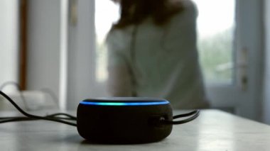 Home smart voice device close up 4k shot selective focus