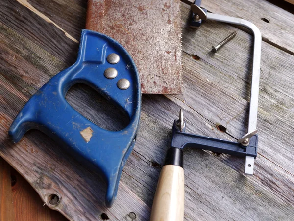 Carpenter Hand Tools Woodwork Distressed Wooden Background Medium Selective Focus — Stock Fotó