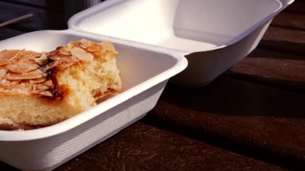 Almond Cake Take Out Dessert Close Shot Selective Focus — ストック動画