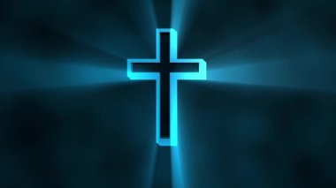 Christian Cross in heavenly light rays blue smoke background animation 