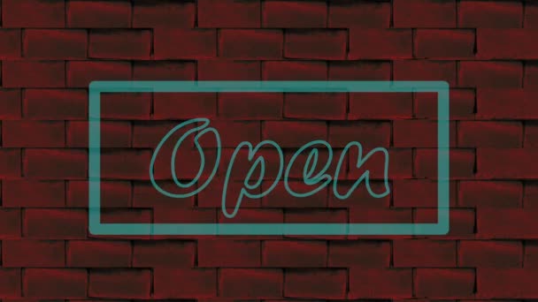 Открытый Знак Зеленый Неоновый Свет Мерцания Против Анимации Кирпичной Стены — стоковое видео