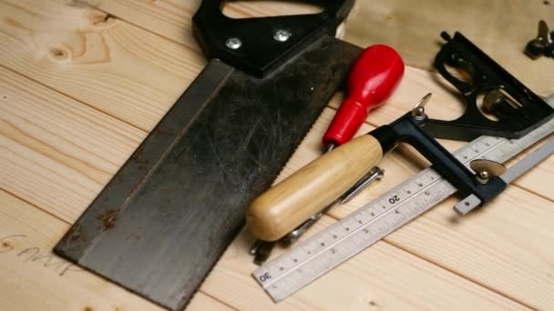 Carpenter Tools Woodwork Wooden Background Dolly Shot Selective Focus — Stok video