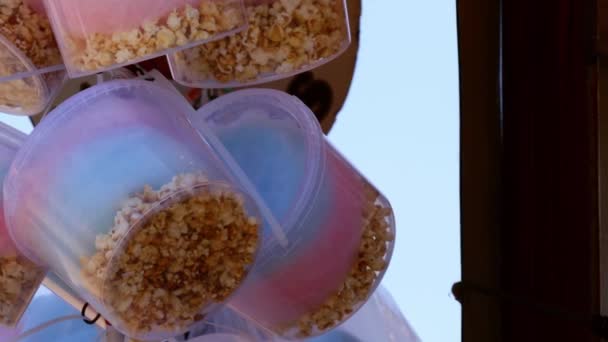 Popcorn Bucket Fairground Food Stall Close Medium Slow Motion Shot — Video