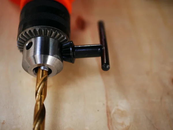 Electric Power Drill Diy Wooden Background Close Shot Selective Focus — 스톡 사진