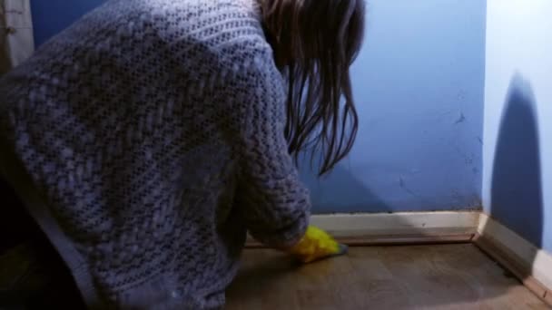 Mujer Limpieza Casa Con Tela Plumero Tiro Medio Cámara Lenta — Vídeo de stock