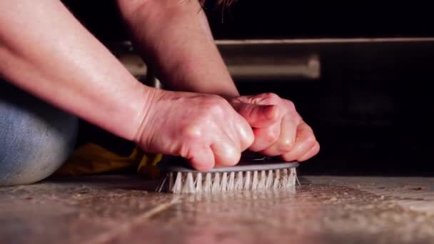 Woman Scrubbing Dirty Floor Brush Medium Zoom Shot Slow Motion — Stock Video