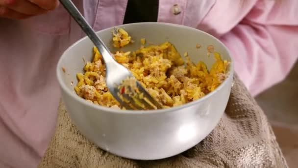 Comer Tazón Arroz Frito Con Tenedor Cerca Cámara Lenta Tiro — Vídeos de Stock