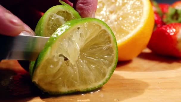 Slicing Fresh Lime Fruit Knife Close Macro Slow Motion Selective — Stock Video