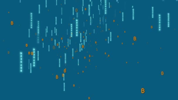 Золотий Біткоїн Цифрових Грошей Валюта Плаває Кіберпросторі Синій Фон Ілюстрації — стокове відео